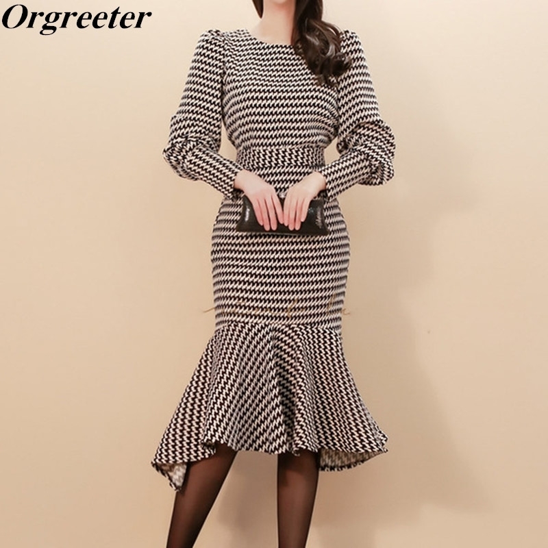

Winter Women Houndstooth Sexy Fishtail Skirt 2pc Set Spring Office Lady O Neck Puff Sleeve Bodycon Mid-calf Sets 210525, Picture color