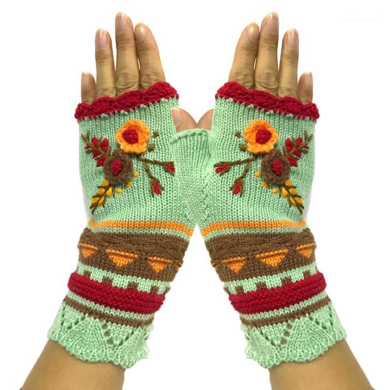 

Five Fingers Gloves High Quality Mittens Handmade Women's Autumn Flower Warm Woolen Knitted Winter Half Finger Embroidery #T1G