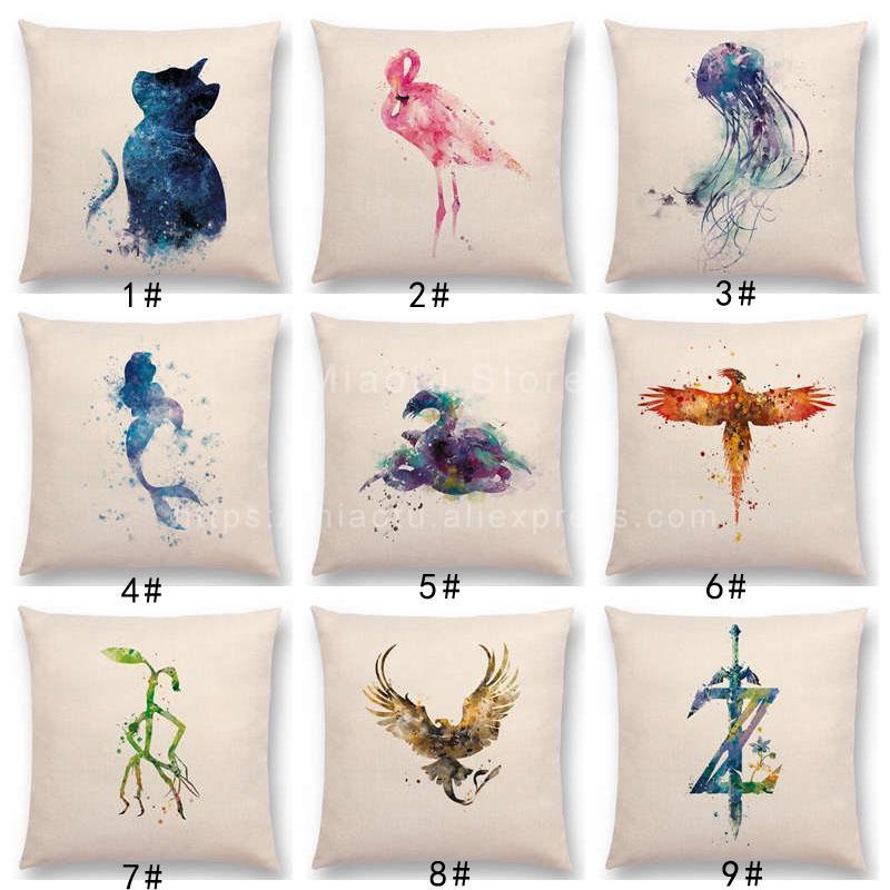 

Latest Hogwarts Final Fantasy Pillow Case Breath Wild Jellyfish Thunderbird Flamingo Animals Watercolor Prints Cushion Cover Cushion/Decorat