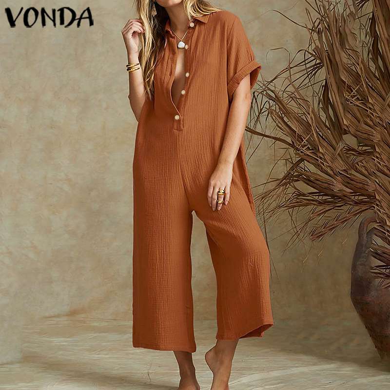 

2021elegant playsuit women vintage wide leg pants 2021 vonda female rompers women jumpsuits plus size playsuit casual solid overalls, Black;white
