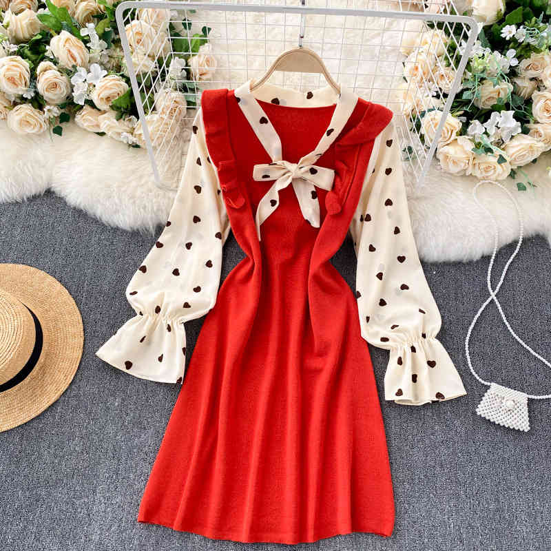 

Women's Print Bow Chic Fashion Spring Summer V Neck High Waist Puff Sleeve Casual Splicing Ladies Dress 210520, Blue