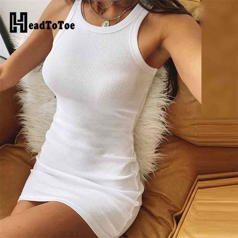 

Sleeveless Round Neck Ribbed Casual Dress 210701, White