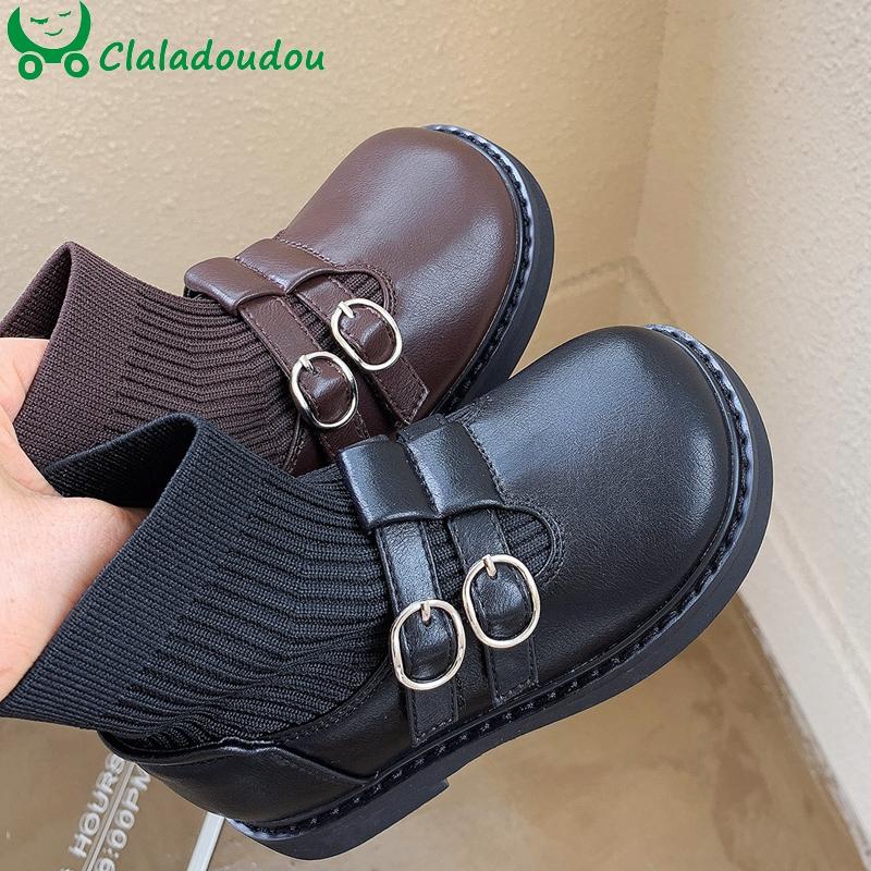 

Boots 14-19cm Boys Girls Solid Knitting Short Ankle Booties,Simple Strap Early Winter With Thin Velvet For Kids Little Princess, Black;grey