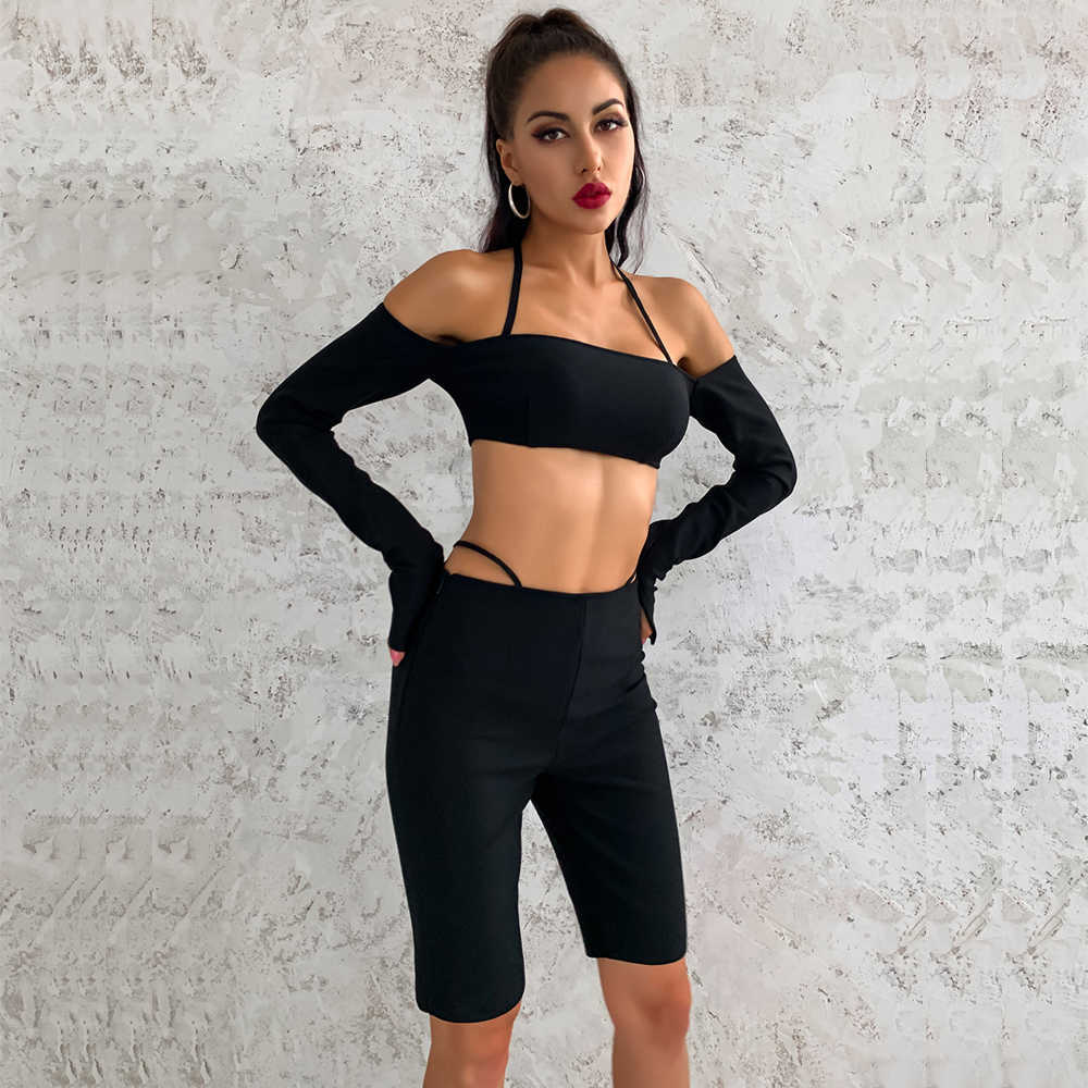 

Ocstrade Summer Arrival Long Sleeve Bandage Black Two Piece Set Women fashion 2 Outfit Sexy Club Party 210527, Gray