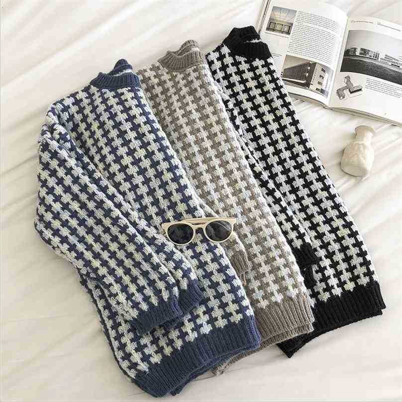 

Women's Plaid Sweater Auutmn Winter Long Sleeved Loose Korean Oversized Pullover Tops Woman Vintage Knitted Sweaters 210525, Blue