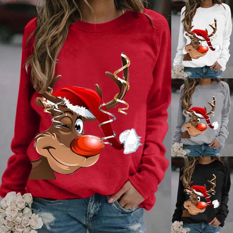 

Women' Hoodies & Sweatshirts Women Hoodie Christmas Elk Printed Fleece Long Sleeve O Neck Loose Sweatshirt Girls Pullovers Autumn Winter, Black
