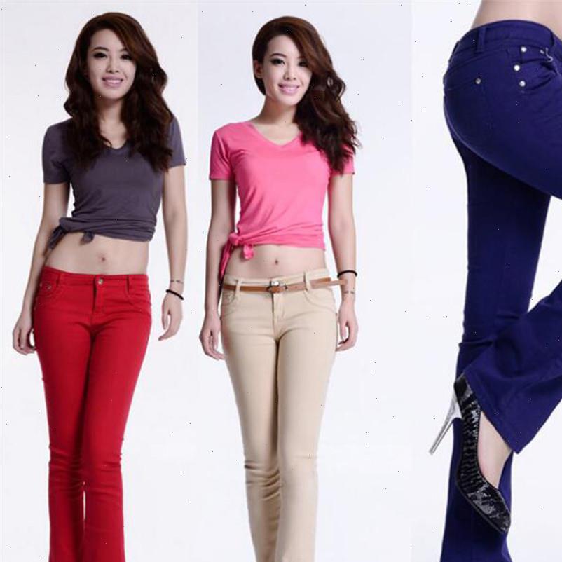 

cotton women jeans pure color colour elastic force bell bottoms trousers high waist woman mujer jean plus size, Blue