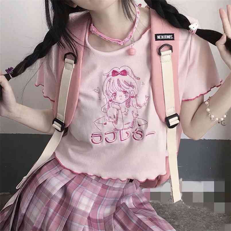 

E Girl T Shirt Women Harajuku Cropped Tops Fashion Summer Pink Feminine Clothes MINGLIUSILI Embroidery Kpop Tee 210708, White