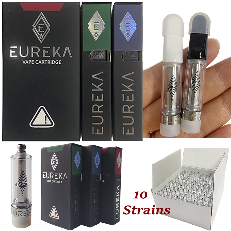 

10 Strains EUREKA High Potency Vape Cartridges Glass Thick Atomizer 0.8ml 1.0ml Ceramic Coil Oil Carts E Cigarette Box Packaging 510 Thread Vapes Pen Wax Vaporizer