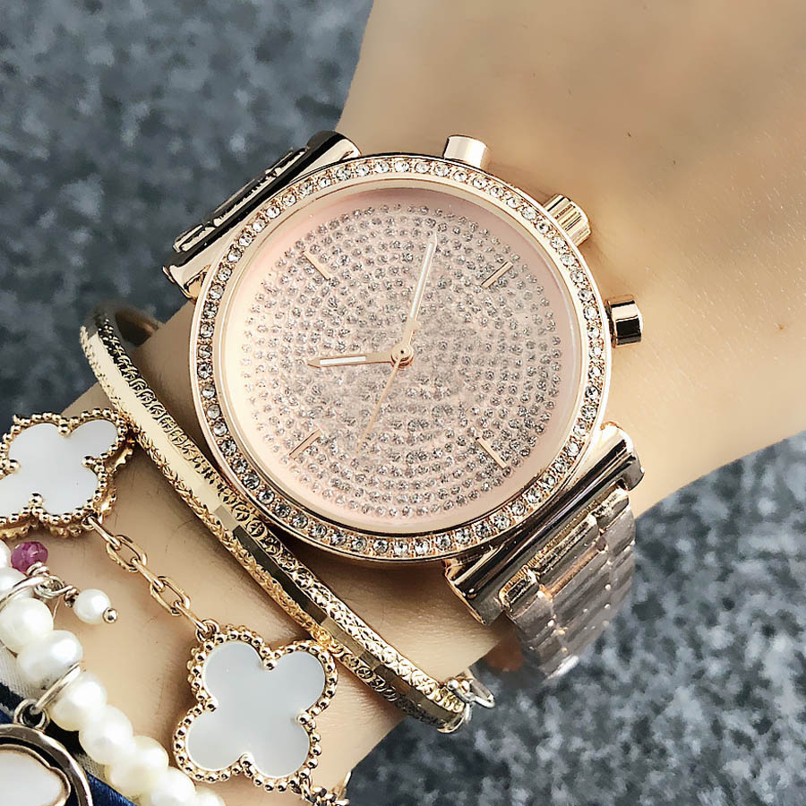 

Brand Watches for women Lady Girl Big letters crystal style Metal steel band Quartz wrist Watch M66, Rose gold