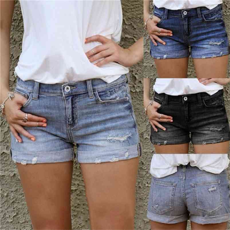 

Vintage Ripped Hole Fringe Blue Jeans Denim Short Casual Button Pocket Style Short 210624, Black