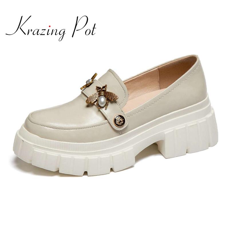 

Dress Shoes Krazing Pot Spring Recommend Genuine Leather Round Toe High Heels Metal Decoration Beauty Girls Slip On Fashion Women Pumps L37, Black