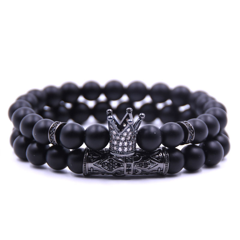 

8MM Matte Beads Strands Micro Inlay Crown Charm Bracelet for Lovers Gift
