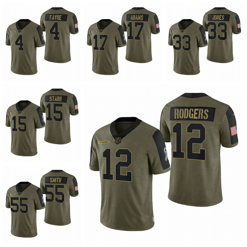 

GreenBayPackersMen Women Kid 12 Aaron Rodgers 17 Davante Adams 33 Jones Bart Starr 55 Smith 2021 Salute To Service Limited Player Football Jersey Olive