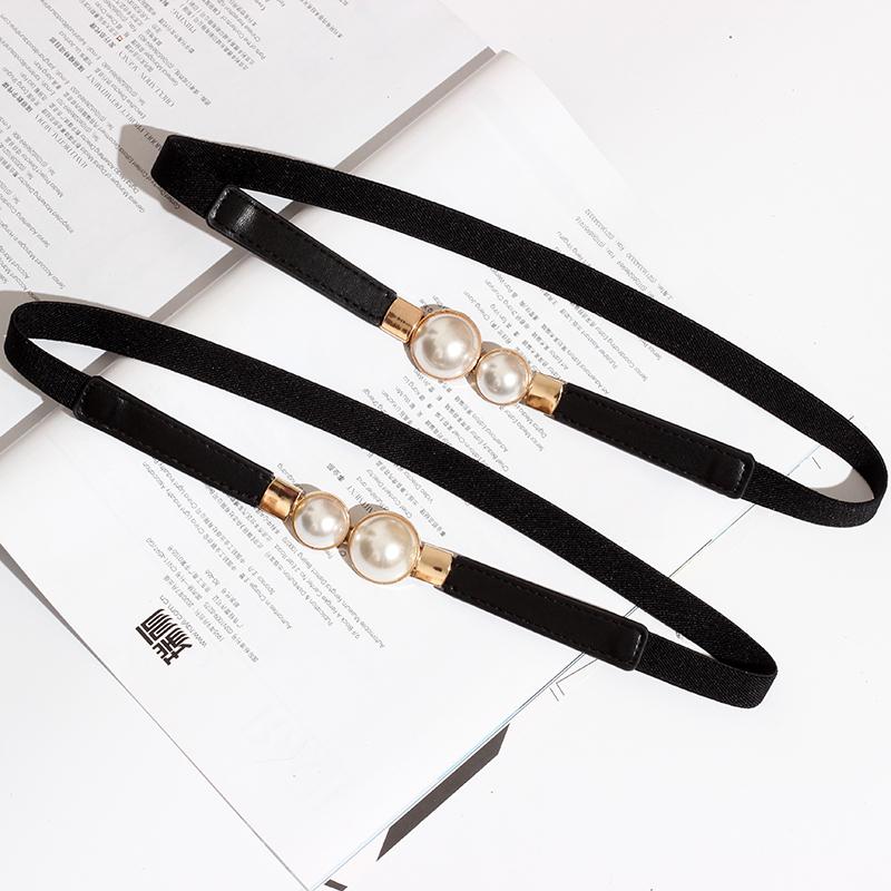 

Belts Women Double Pearl Belt PU Leather Dress Skirt Waist Elastic Thin Ladies Waistband Decorate Shirt Chain, Black;brown