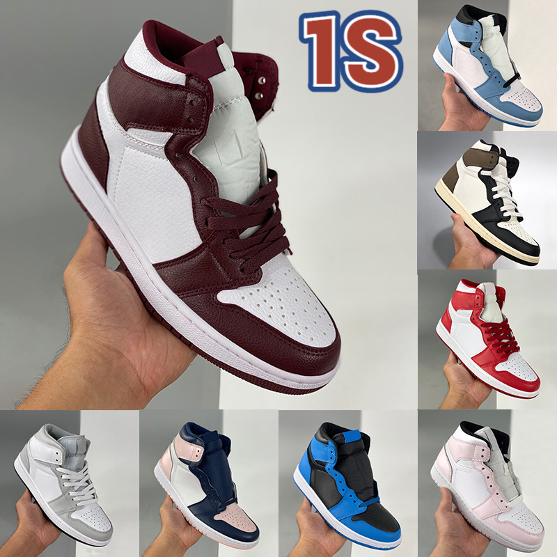 

2022 University Blue 1 1s Bordeaux Basketball Shoes Barely Rose dark mocha Atmosphere hyper royal Pink Quartz twist men women trainers sneakers, 48 bubble wrap packaging