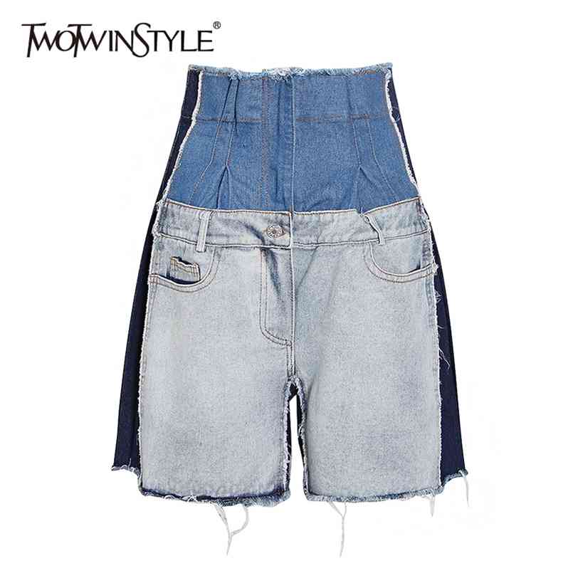 

Hit Color Denim Wide Leg Shorts For Women High Waist Tassel Patchwork Casual Female Summer Style 210521, Blue
