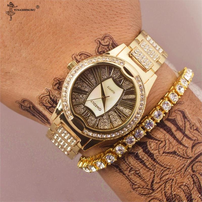 

Wristwatches Men Watches Top Watch Bracelet Unique Arabic Gold Quartz Iced Out Steel Gifts Relogio Masculino, Only gold watch
