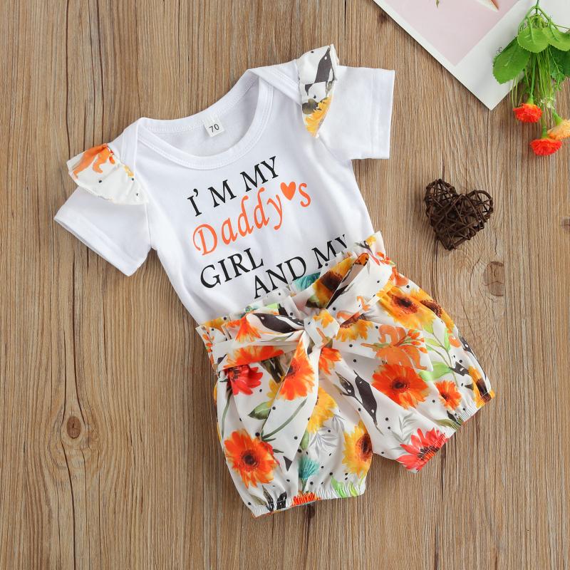 

Clothing Sets Born Infant Baby Girl Short Sleeve Letter Print Romper Tops Floral Shorts 2pcs Outfits Summer For 0-24Months, White