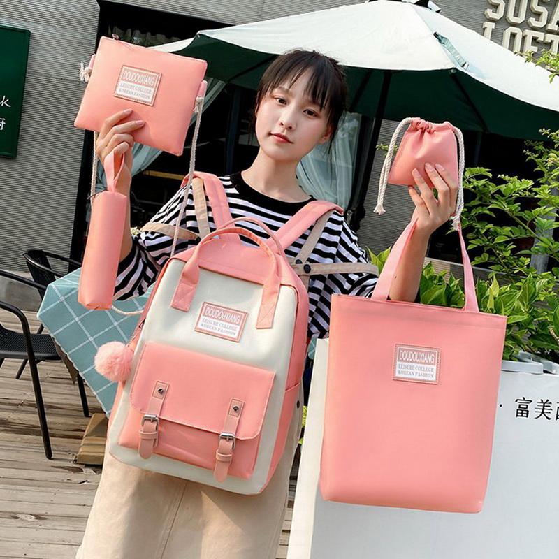 

School Bags 5pcs Sets Canvas Backpack For Teenage Girls Female Children Backpacks Women's Bag Shoulder Travel Bookbag, Black