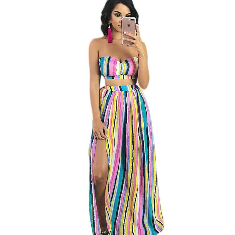 

Sexy Rainbow Striped Summer Maxi Dresses Women Fashion Strapless Two Piece Gown Elegant Off Shoulder Beach Long Party Casual, Blue