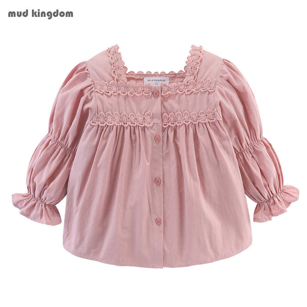 

Mudkingdom Button Down Girl Blouse Lace Smocked Long Sleeve Solid Girls Tops Cotton Kids Clothes 210615, White