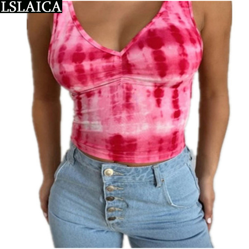 

Women Tank Top Tie-Dye Sleeveless Plus Size V-Neck Sexy Casual Shirt Elegant Fashion Bottoming Wild Ropa Mujer 210520, Blue