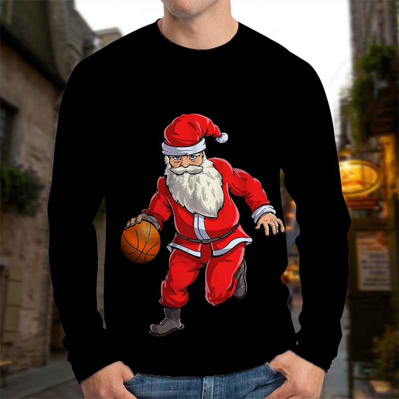 

Lazy style men's Christmas old man basketball print pattern Christmas shirt visual impact party top fashion round neck high-quality sweatshirt, Black