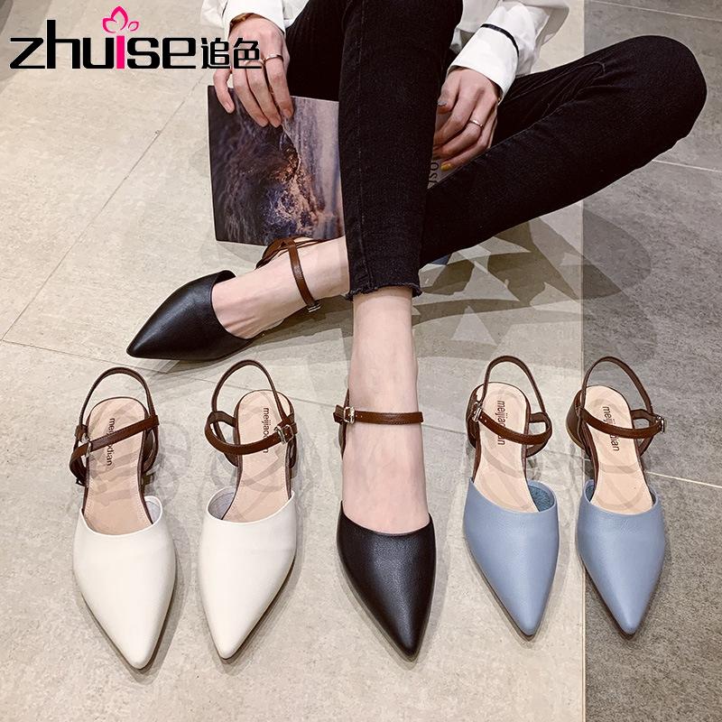 

Summer Thick Heel Sandals Women European And American Pointed Toe Baotou Word Buckle Belt Wild Mid-heel Single Shoes, Black