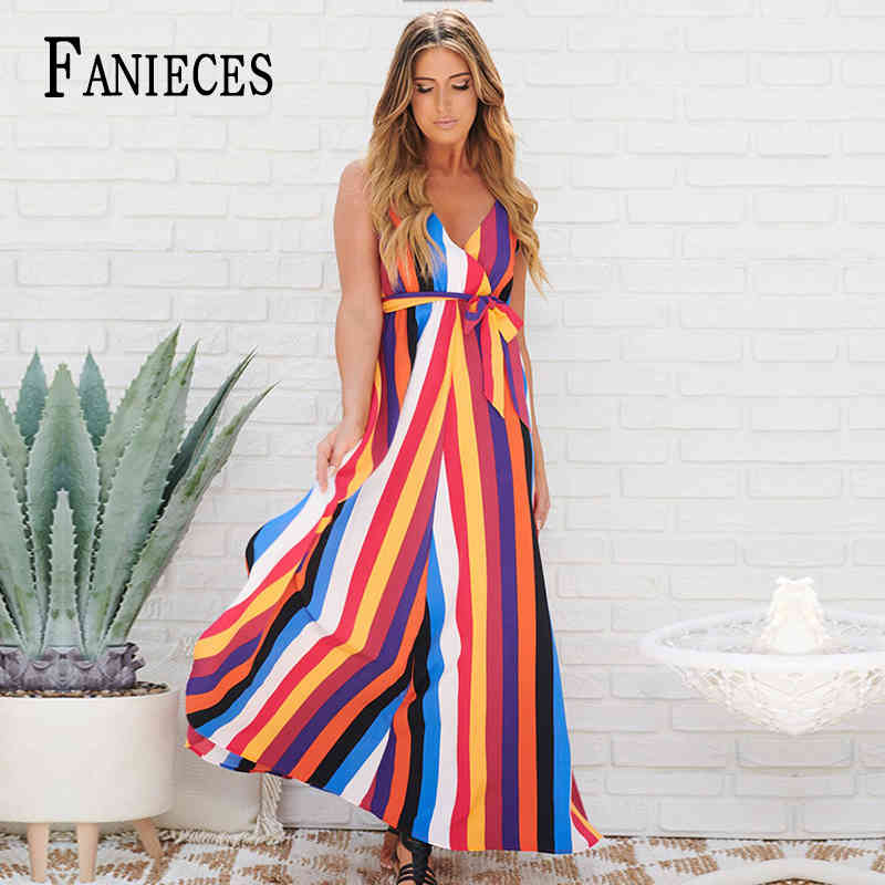 

FANIECES Summer Sexy Club Women Floral Long Maxi Dress Sleeve Casual A-Line Elegant Rainbow Striped Beach Party Dresses 210520, Multi