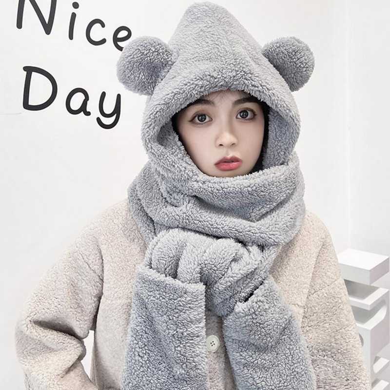 

Beanies Conjunto De Luvas E Cachecol Orelha Fofo Urso, Inverno, Mulheres, Novidade, Tampas, Quentes, Casual, Pelúcia, Sólido, F