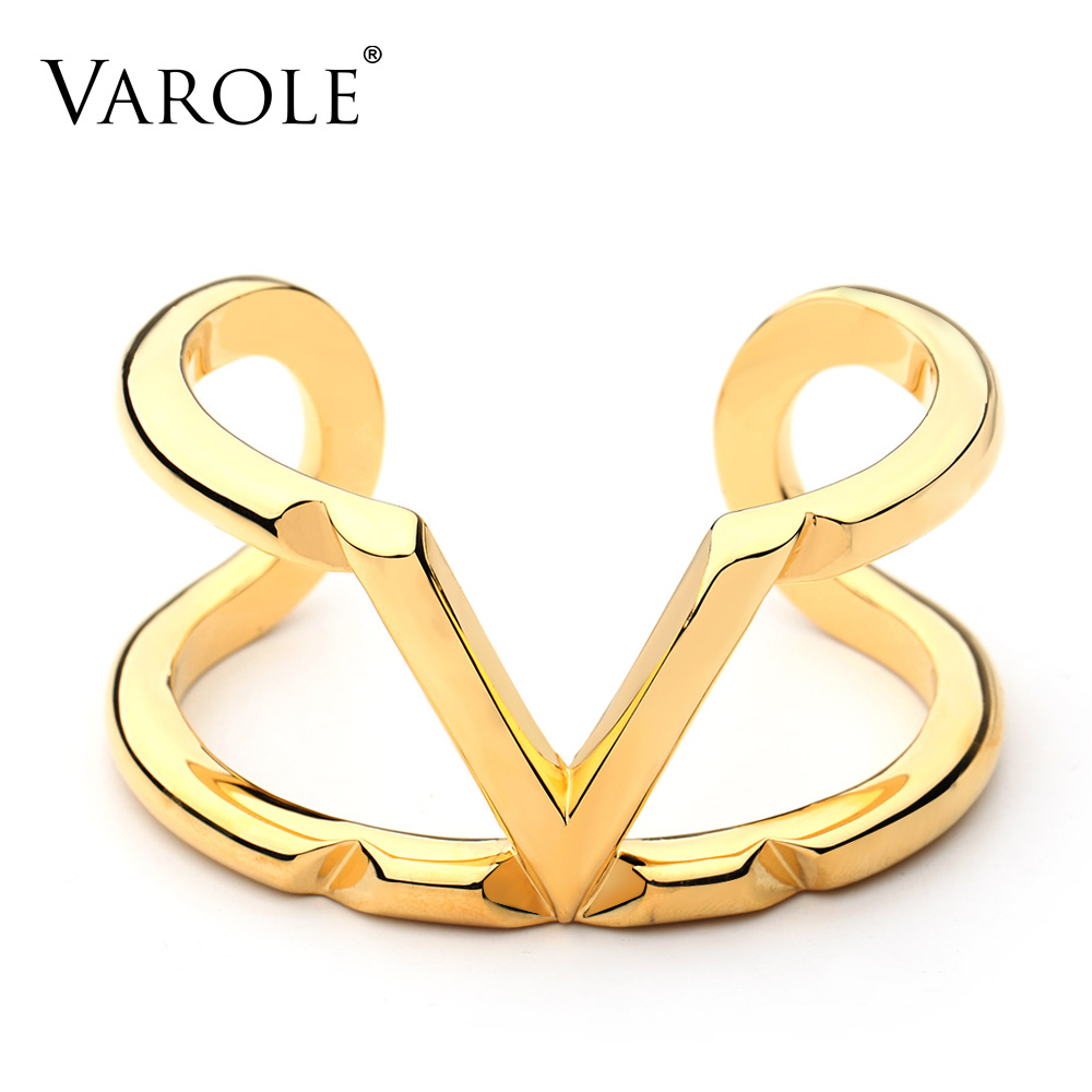 

VAROLE Minimalism Hollow Bangles For Women Gold Color Punk Alphabet "V" Bracelets Party Fashion Jewelry