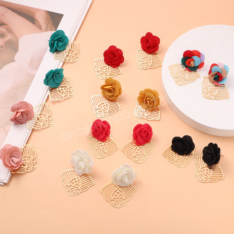

Colorful Korean Sweet Fabric Flowers Dangle Earrings For Women Bohemian Gold Metal Flower Statement Earrings Jewelry