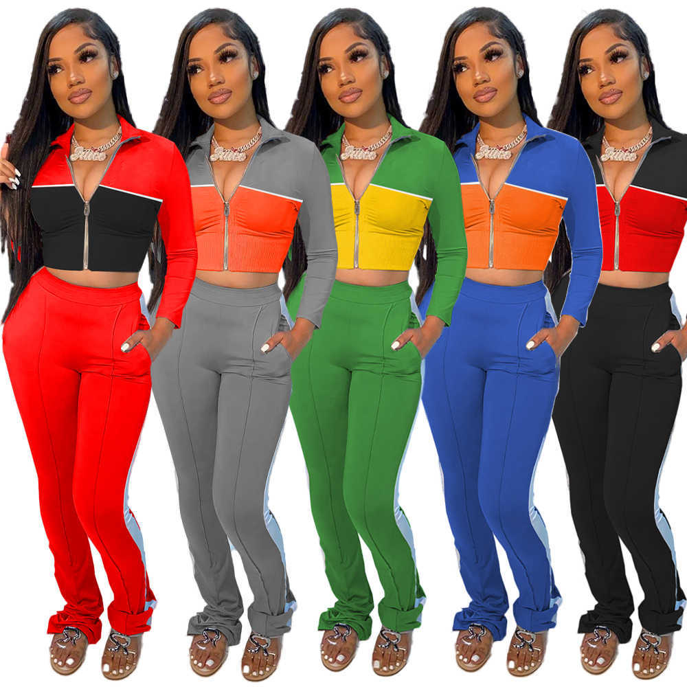 

Women 2 Piece Tracksuits Set Casual Color Panelled Long Sleeve Top Long Pants Side Webbing Sportswear Ladies New Trendy Leisure Wear, Black