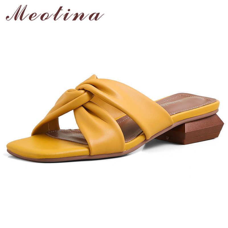 

Meotina Pleated Genuine Leather Low Heel Slippers Women Shoes Square Toe Thick Heels Lady Slides Summer Sandals Yellow Size 40 210608, Red