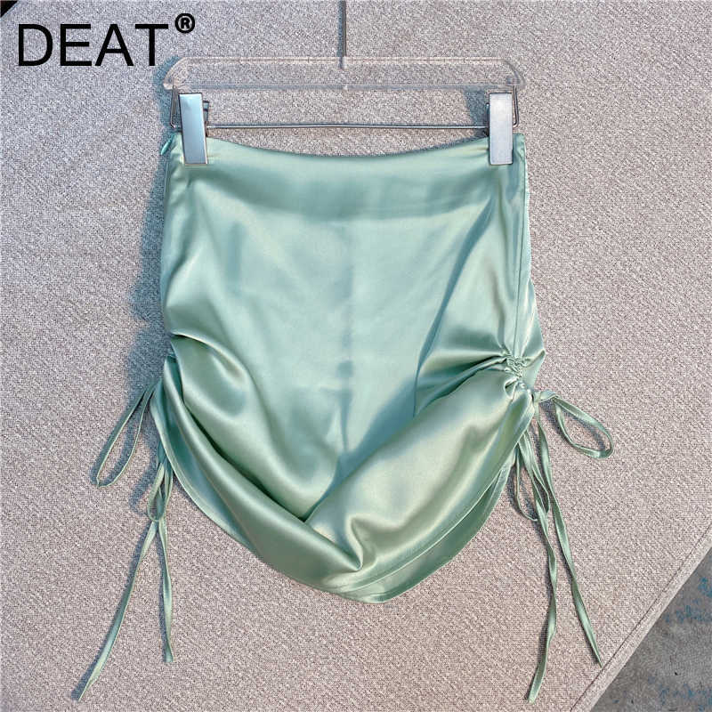 

DEAT Women Drawstring Skirt Arrivals High Waist Temperament Fashion Spring Summer 11D1773 210709, Green