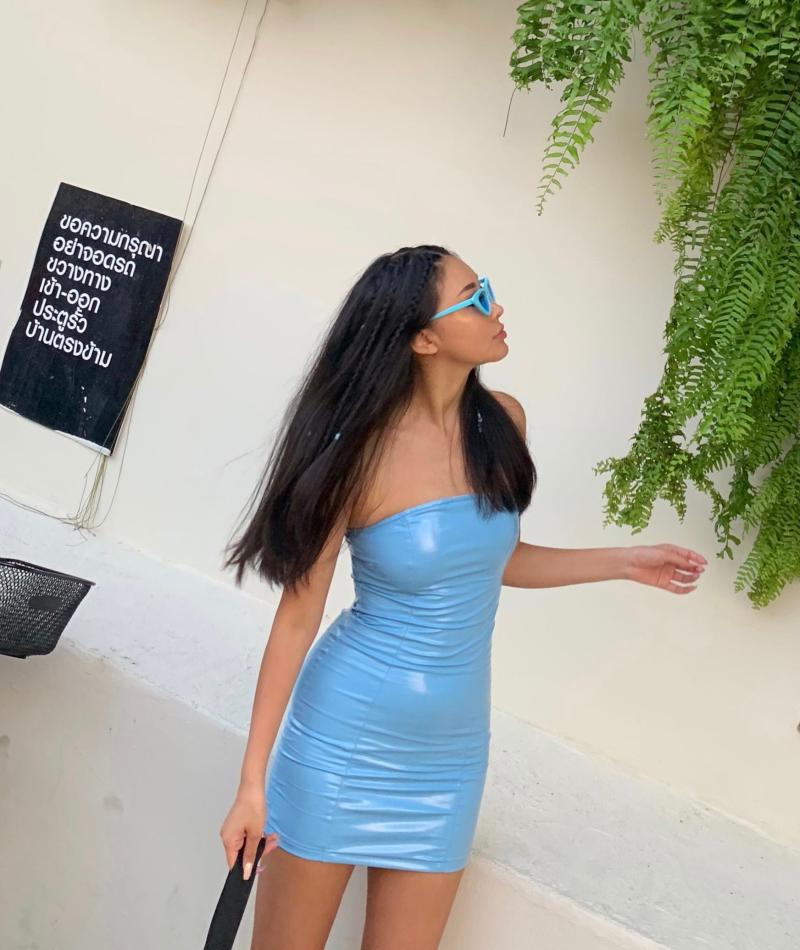 

Casual Dresses 2021 Summer Strapless Sleeveless None Women Dress Net With The Same Patent Sexy Bag Hip Stretch Non-slip Pu Tube Top, Sky blue