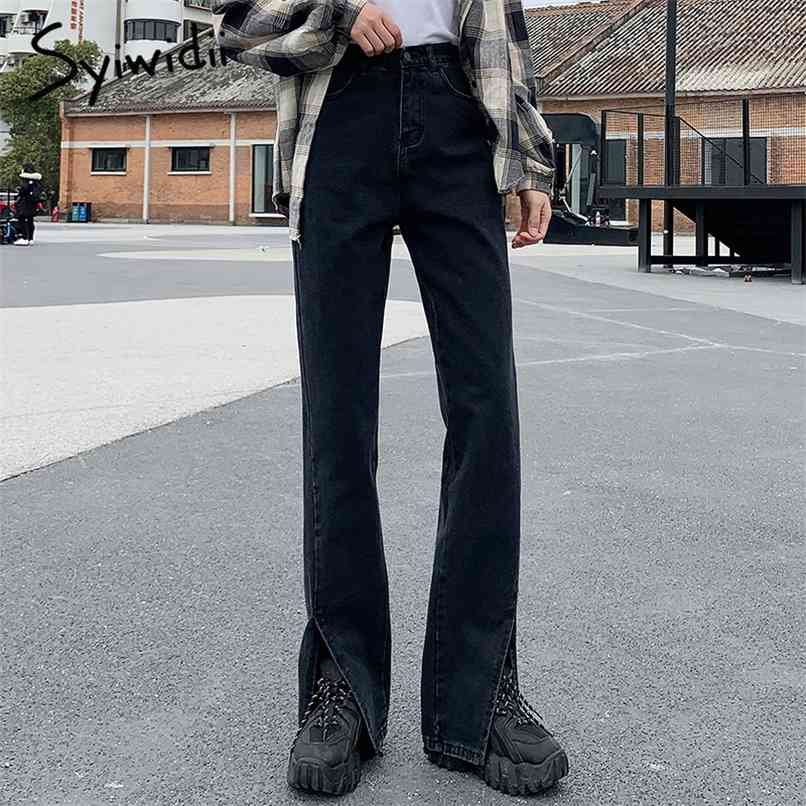 

Women Jeans Black Flare Pants Front Side Slit Leg Spring High Waisted Bell Bottom Full Length Denim Clothes 210607, Blue