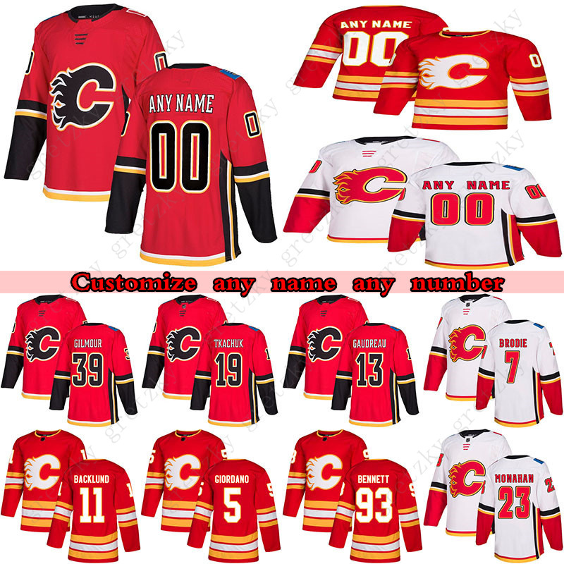 

Custom Calgary Flames hockey Jerseys 13 Johnny Gaudreau 19 Matthew Tkachuk 23 Sean Monahan 11 Mikael Backlund any number and name, Red