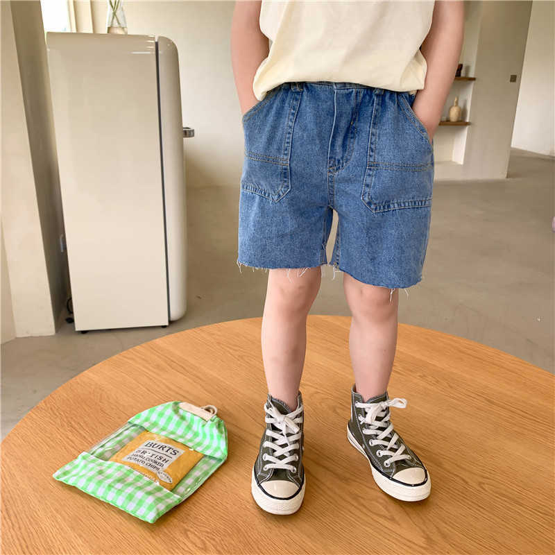 

Summer children fringed denim shorts boys girls fashion all-match thin 210615, Blue