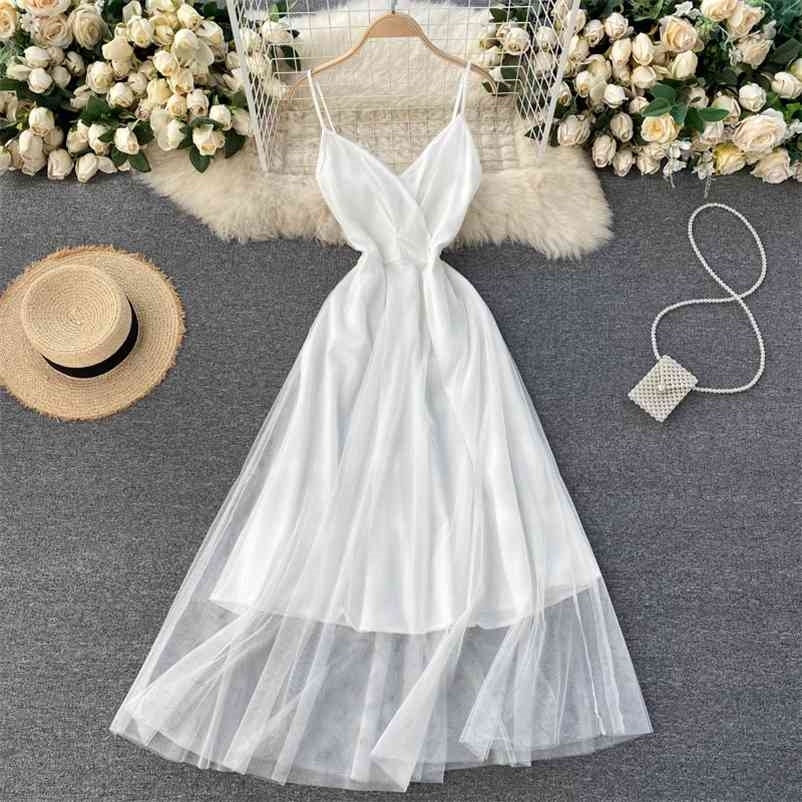 

Women Open Back Waist Mesh Swing Suspender Beach Style Long Dress V-neck Fashion Spring Summer 11B157 210525, White