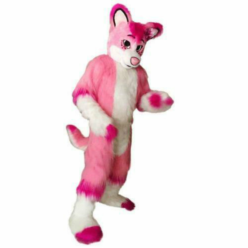 Mascot Costumes Halloween Pink Long Fur Fox Wolf Fursuit Mascot Costumes Suits Pink Adults Outfit Fursuit Cartoon Dress Carnival Xmas Ad Clo-image-748265917
