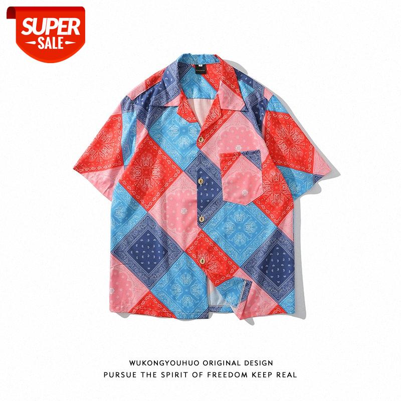 

Men's retro cashew flower stitching shirt male hip-hop loose bf casual Wei Yi short-sleeved #Vn1O, White;black