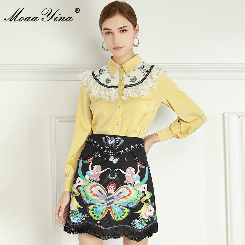 

Fashion Designer Set Spring Women Long Sleeve Lace Ruffles Blouses Tops+Beaded Sequins Print Skirt Two-piece suit 210524, Yellow