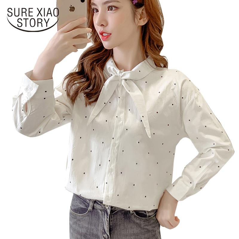 

Women's Blouses & Shirts Autumn Fashion Wave Point Shirt Women Tops And Button Clothes Female Loose Student Tie White Long Sleeve 6754 50