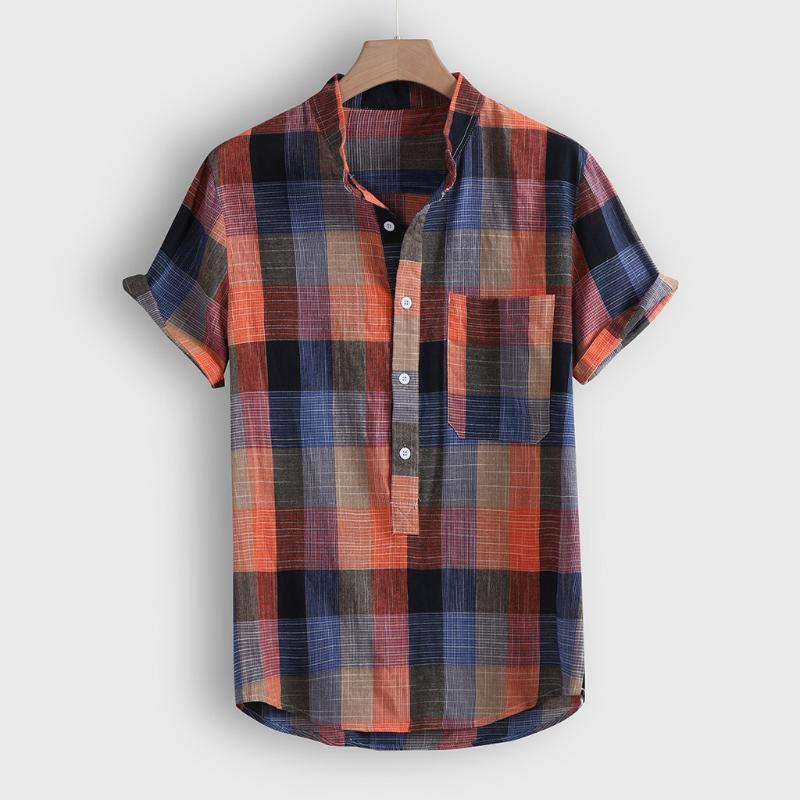 

Shirt Fashion Men's Casual Button Hawaii Plaid Print Beach Short Sleeve Shirt Stand collar Blouse shirts for men, White;black