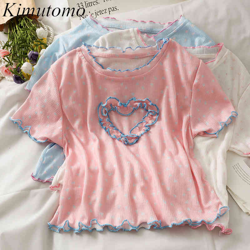 

Kimutomo Sweet Wind Fungus T-shirt Girls Heart Shape Short Sleeve Women Summer Slim Print Round Neck Top Casual 210521, Pink