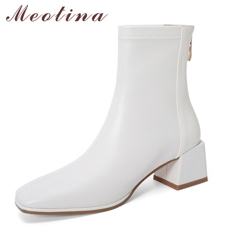 

Ankle Boots Women Genuine Leather High Heel Shoes Thick Short Zip Square Toe Ladies Autumn Winter Beige 210517, Black synthetic lin
