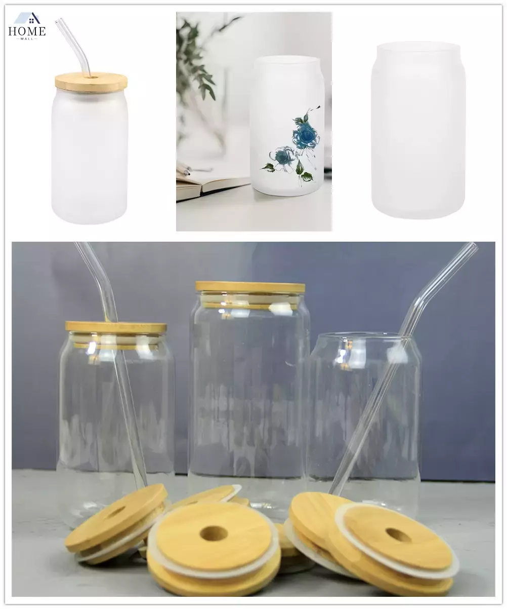 

Sublimation Glass Beer Mugs with Bamboo Lid Straw DIY Blanks Frosted Clear Can Shaped Tumblers Cups Heat Transfer 15oz Iced Coffee Soda Whiskey Glasses IN STOCK WY9, As pic