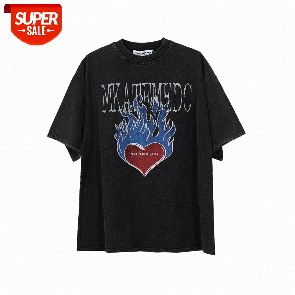 

Dark wind flame love printed short-sleeved T-shirt men's washed and worn loose round neck five-point sleeves #7R8s, White;black
